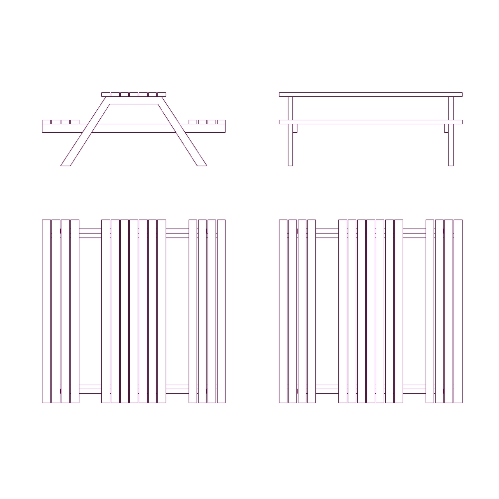 A 2D architectural drawing showing standard picnic table drawing dimensions in top plan and side elevation views.
