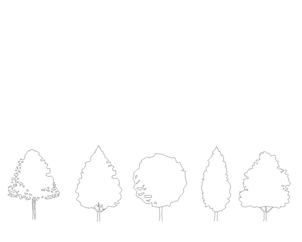 angular tree elevation cad, modern landscape dwg, schematic vegetation drawings