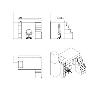 student bed drawing, bed with desk cad, bedroom furniture file