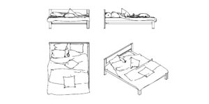 organic bed plan dwg, realistic bedroom cad, lived in bed elevation