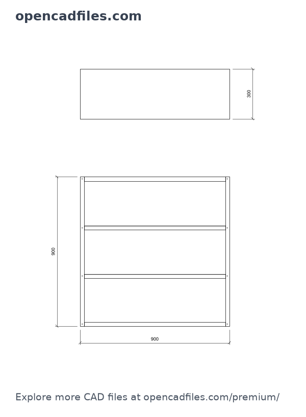 Open Three Tier Low Bookcase front elevation and top plan